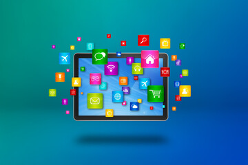 Flying icons around a tablet PC. Cloud computing concept