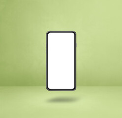 Floating smartphone isolated on green. Square background