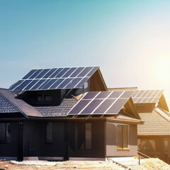 Modern home with solar panels on the roof under a bright sky, generative AI