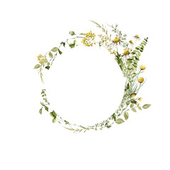 Watercolor floral border. Hand painted frame of green leaves, wildflowers, field flowers, chamomile, daisy isolated on white background. Iillustration for design, print, background