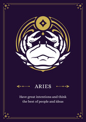 Aries zodiac horoscope vintage poster description purple ornate design template vector illustration