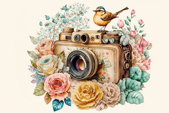 Retro camera in flowers and plants. Hand-drawn photo camera. Can be used as a print, logo, for cards, and for wedding invitations.Generative Ai