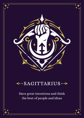 Sagittarius zodiac horoscope symbol mythic purple vintage poster design template description vector