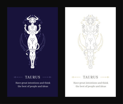Taurus zodiac woman goddess antique horoscope line art deco poster design template set vector
