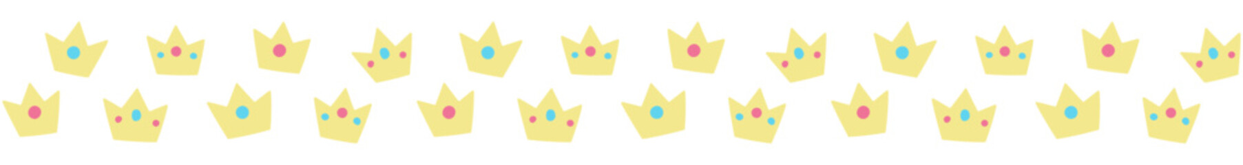 Seamless border garland. Yellow gold crowns with diamonds. Can be used for card, borders, kids' textile. Isolated vector and PNG illustration on transparent background.