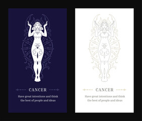 Cancer zodiac horoscope woman goddess line art decor poster design template description set vector