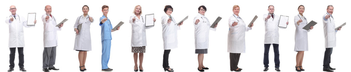 full length group of doctors with notepad isolated