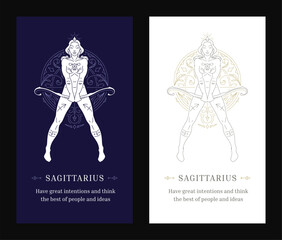Sagittarius zodiac antique woman goddess prediction line art deco poster design template set vector