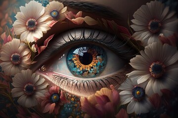 human eye surrounded by colorful flowers. Generative AI