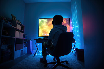 Kid playing video games in his room. Back view of a child sitting in front of a monitor. Colorful lights and cartoon style, generative AI