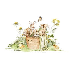Papier Peint photo Chambre denfants Watercolor nursery woodland set with basket. Hand painted cute baby animals in wild, forest summer landscape, tree, bunny, rabbit, chick. illustration for baby shower design, wall art, easter card