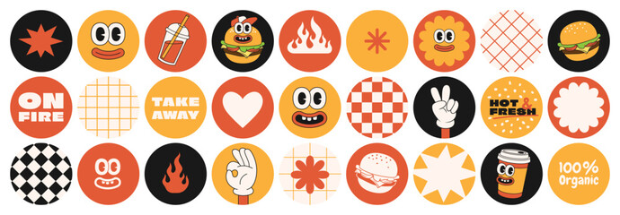 Fototapeta na wymiar Burger retro cartoon fast food stickers. Comic character, slogan, quotes and other elements for burger bar, cafe, restaurant. Groovy funky vector illustration in trendy retro cartoon style.