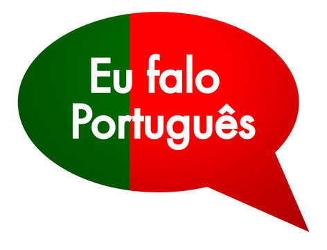 The word Eu Falo Portugues on cloud speech bubble with portuguese flag, isolated icon