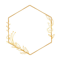 Gold floral border with hand drawn leaves and flower for wedding invitation, thank you card, logo, greeting card