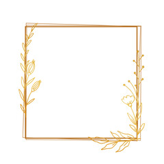 Gold floral border with hand drawn leaves and flower for wedding invitation, thank you card, logo, greeting card