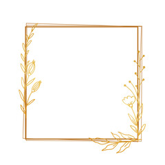 Gold floral border with hand drawn leaves and flower for wedding invitation, thank you card, logo, greeting card