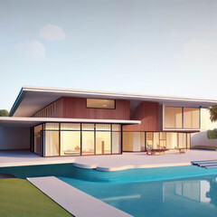 Mid-century modern house with swimming pool, generative AI