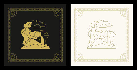 Aquarius zodiac symbol antique woman with water jug line art deco vintage card set vector