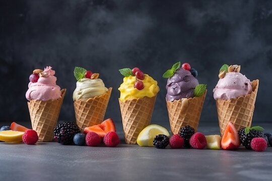  a row of ice cream cones with fruit on top of them and on top of each other, with a dark background and a few more ice cream cones in the middle.  generative ai
