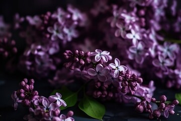  a bunch of purple flowers with green leaves on a black surface with a dark background with a few white flowers in the center of the picture.  generative ai