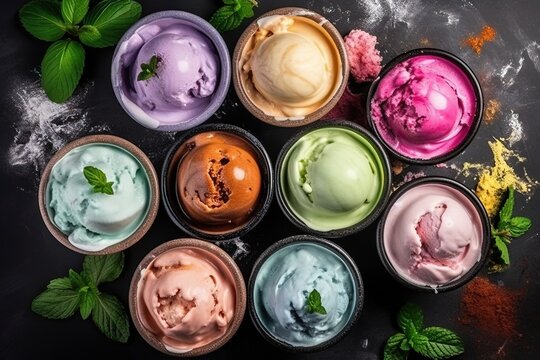  a group of different colored ice creams in a bowl on a black background with mint leaves and powdered sugar on the bottom of the bowls.  generative ai