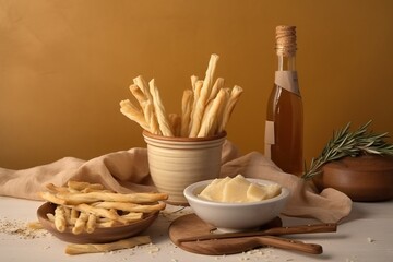 Fototapeta na wymiar a bowl of cheese fries next to a bottle of wine and a bowl of cheese fries on a wooden board with a bottle of wine. generative ai