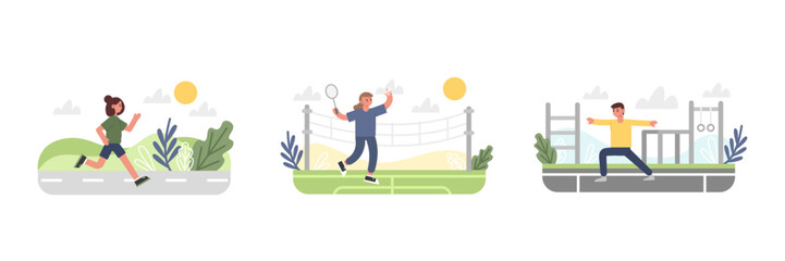 Set of cartoon characters of young people doing sports outdoor. Time for morning workout. Active and healthy lifestyle. Running, stretching and playing tennis. Vector