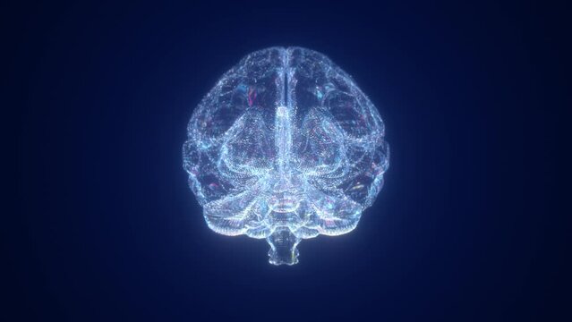 Blue technology brain, particle lines brain rotation, medical science experiments, holographic projection.