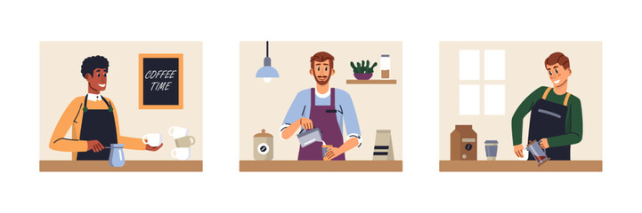 Set of different cartoon characters of baristas at work. Process of preparing coffee drink. Small business owners. Professional barista occupation. Vector