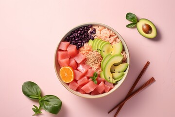  a bowl of food with watermelon, avocado, black beans, rice, and oranges on a pink background with chopsticks.  generative ai