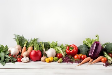  a group of vegetables sitting on top of a white table next to a white wall with a white wall in the background and a row of vegetables in the middle.  generative ai
