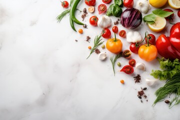 Naklejka na ściany i meble a variety of fresh vegetables on a white marble counter top with a white marble surface in the middle of the image is a variety of tomatoes, peppers, onions, lemons, garlic, and other. generative ai