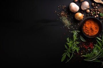  spices and herbs on a black background with a spoon and a spoon rest on the side of the bowl and on the other side of the bowl.  generative ai