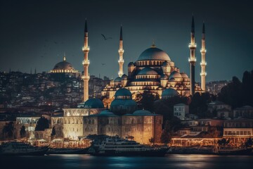 Obraz premium the illuminated interior of the Blue Mosque during prayer time. Generative AI