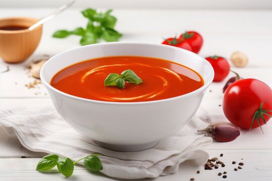  a white bowl of tomato soup on a white cloth with tomatoes and basil on the side of the bowl and a wooden spoon in the background.  generative ai
