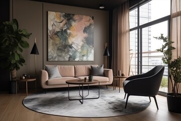  a living room filled with furniture and a large painting on the wall above the couch and a coffee table on a rug in front of a window.  generative ai