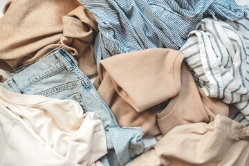 Second hand clothes, used wardrobe. Circular fashion, fast fashion, eco-friendly sustainable...