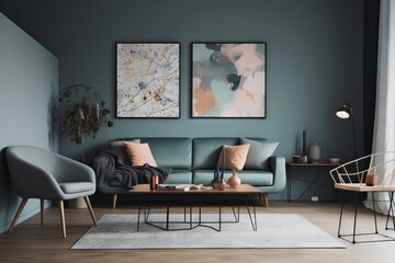  a living room with a blue couch and two chairs and a coffee table with a vase on it and a painting on the wall above the couch.  generative ai