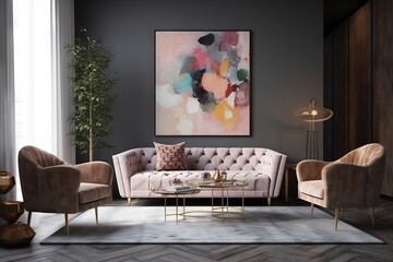 a living room with a couch, chairs, and a painting hanging on the wall above the couch is a coffee table with a vase on it.  generative ai