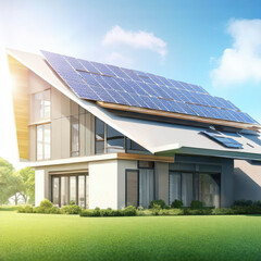 Fototapeta premium Modern home with solar panels on the roof under a bright sky, generative AI