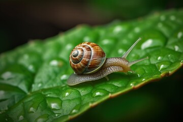  a snail sitting on a green leaf with drops of water on it's back end and its shell partially covered by drops of water.  generative ai