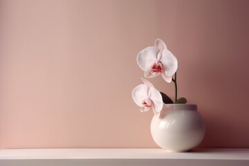  a white vase with a pink flower on a shelf in front of a pink wall and a pink wall in the background with a white vase with a pink flower in the middle.  generative ai