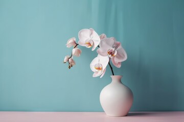 a white vase filled with pink flowers on top of a pink counter top next to a blue wall and a blue wall behind the vase.  generative ai