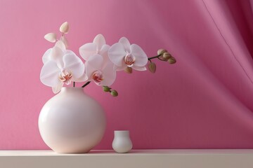  a white vase filled with white flowers on top of a table next to a pink wall and a white vase with white flowers on it.  generative ai
