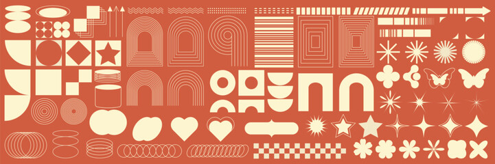  Retro futuristic brutal design elements. Collection of abstract geometric shapes and elements in 2000 style. Templates for design, social networks, posters, banners, stickers, business cards, logos.