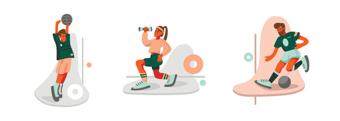 Fototapeta premium Set of cartoon characters of young athletic people training. Time for sports exercises and morning workout. Active and healthy lifestyle. Feeling happy when doing workout. Vector