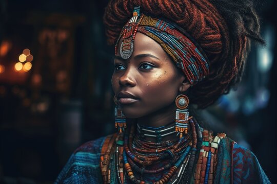 Beautiful black female, African tribe Generative AI
