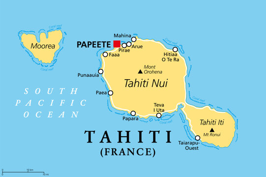 Tahiti, French Polynesia, political map. Largest island of the Windward group of the Society Islands, with capital Papeete. Overseas collectivity of France, located in the South Pacific Ocean. Vector.