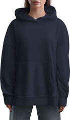 Mockup of blue hoodies on a girl, png, sweatshirt front view