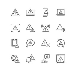Set of warnings related icons, alert, exclamation mark, warning sign and linear variety vectors.